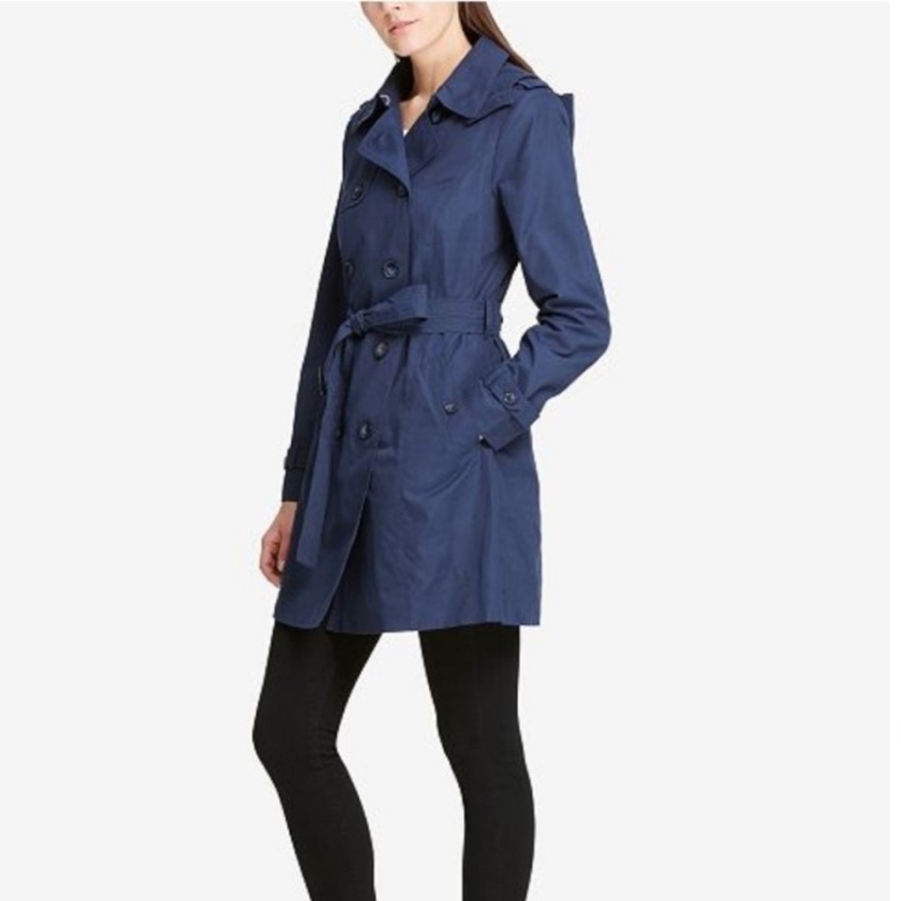 NWT Zara navy blue trench coat jacket cotton double breasted belted small - Picture 2 of 11